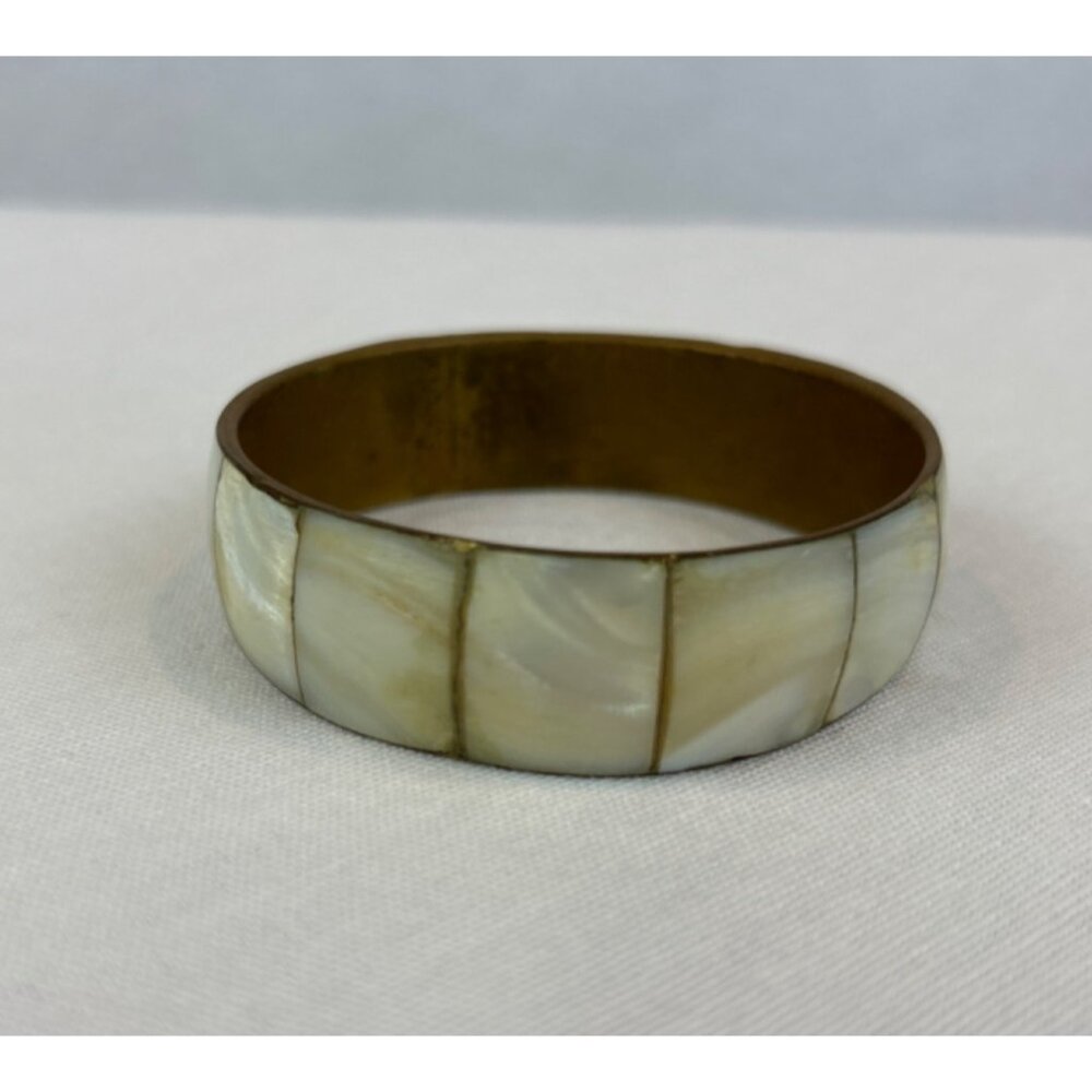 Vintage Brass Mother Of Pearl Bangle Bracelet 70s 80s Cream - Picture 5 of 7